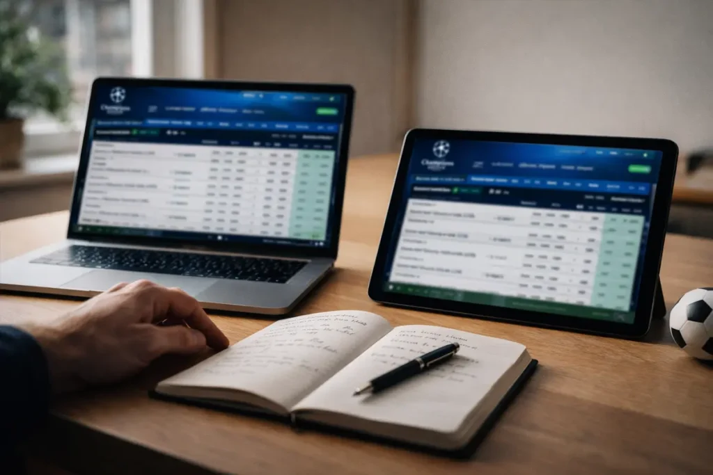 Multiple sports betting screens showing Champions League odds side by side in a workspace