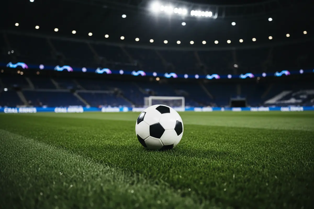 Close-up of a football on a Champions League pitch with stadium in the background