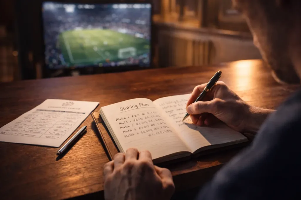 Football bettor reviewing a staking plan in a notebook beside a Champions League pitch