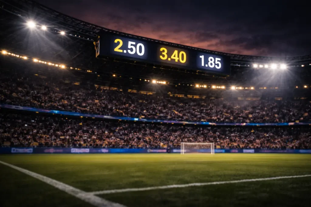 Champions League stadium scoreboard displaying match betting odds