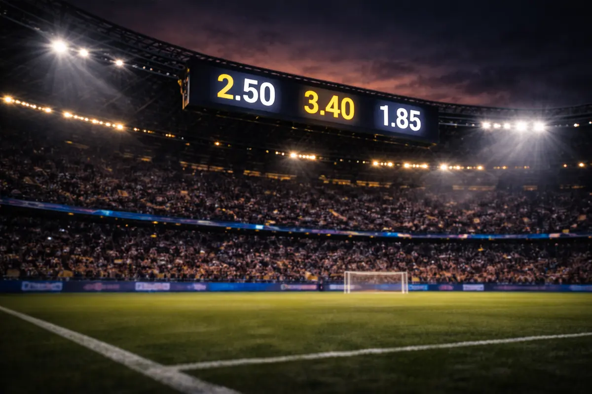Champions League stadium scoreboard displaying match betting odds
