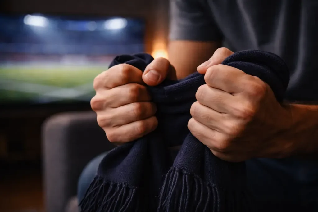 Close-up of a person's hands gripping a football scarf tensely while watching a Champions League match on screen