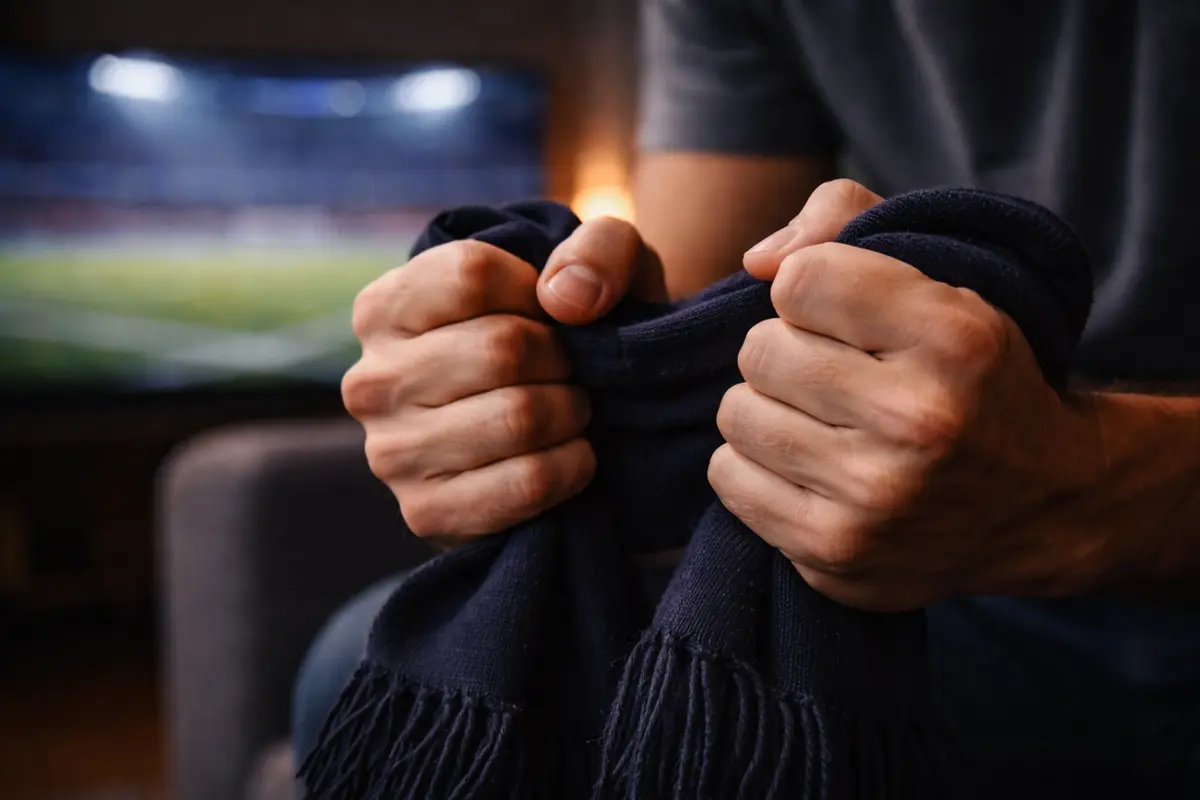 Close-up of a person's hands gripping a football scarf tensely while watching a Champions League match on screen