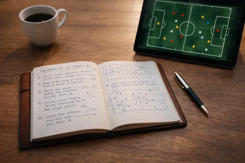 Football analyst notebook with match notes beside a laptop showing a pitch diagram