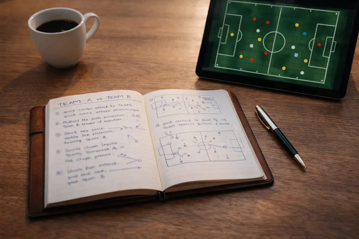 Football analyst notebook with match notes beside a laptop showing a pitch diagram