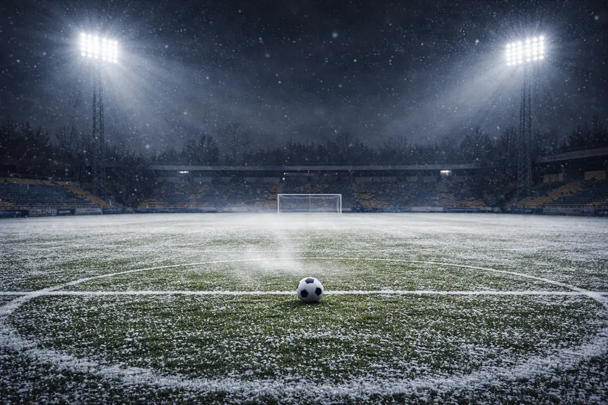 Snow-dusted football pitch under stadium floodlights on a cold European evening
