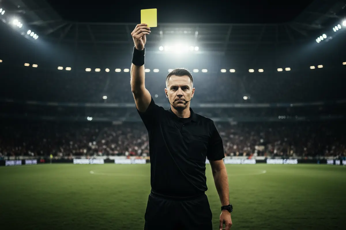 Referee holding up a yellow card during a Champions League football match