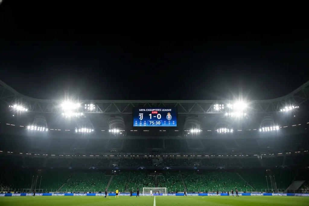 Football scoreboard showing a Champions League match result under stadium lights