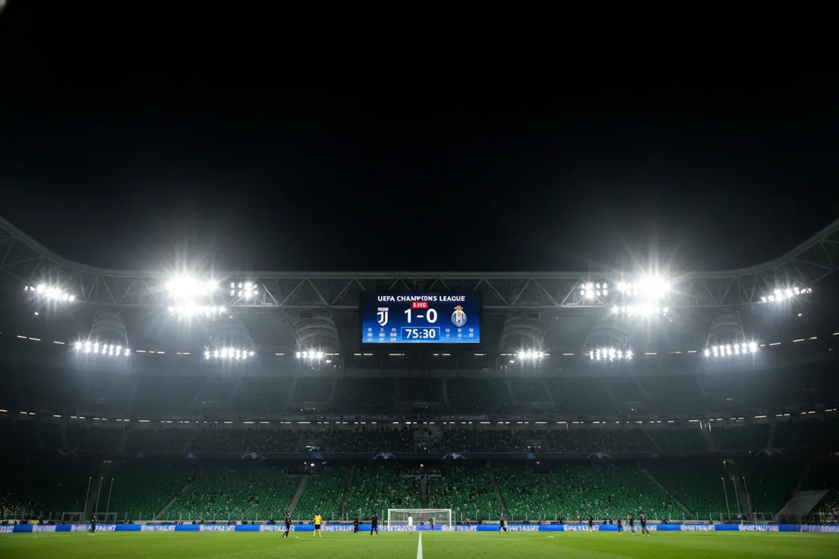 Football scoreboard showing a Champions League match result under stadium lights