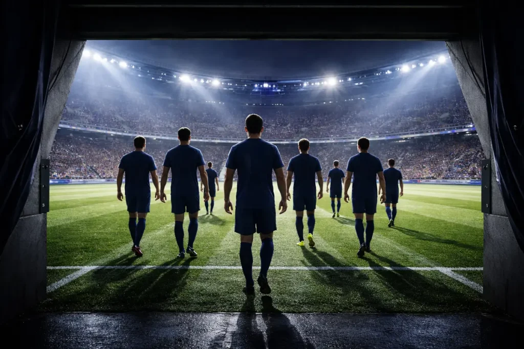 Football underdog team walking onto a Champions League pitch under dramatic floodlights