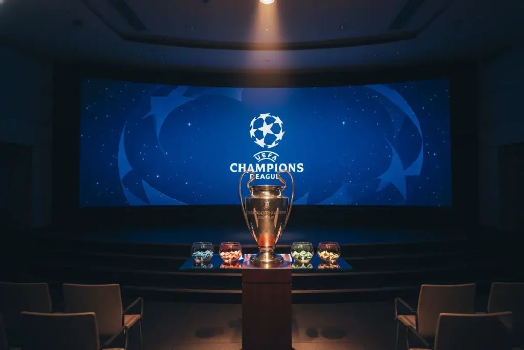 Champions League draw ceremony stage with seeding pots and the iconic trophy on display