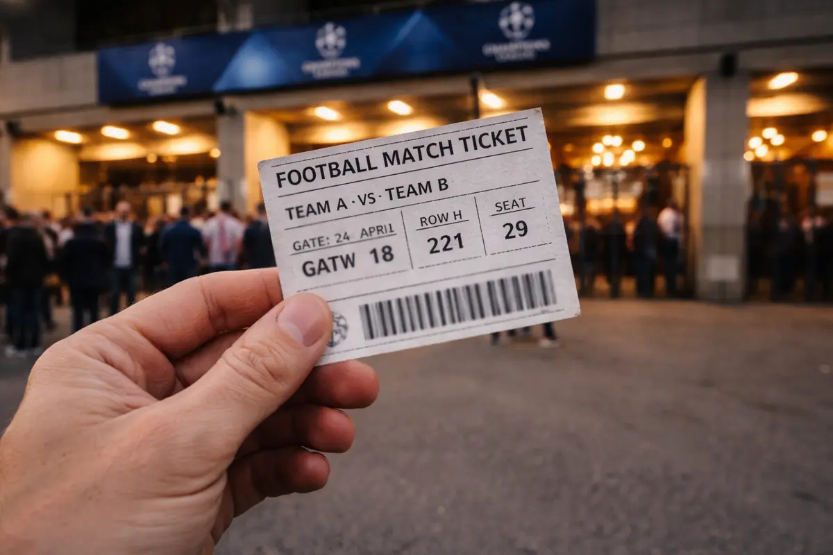 Football match ticket near a Champions League stadium entrance at night