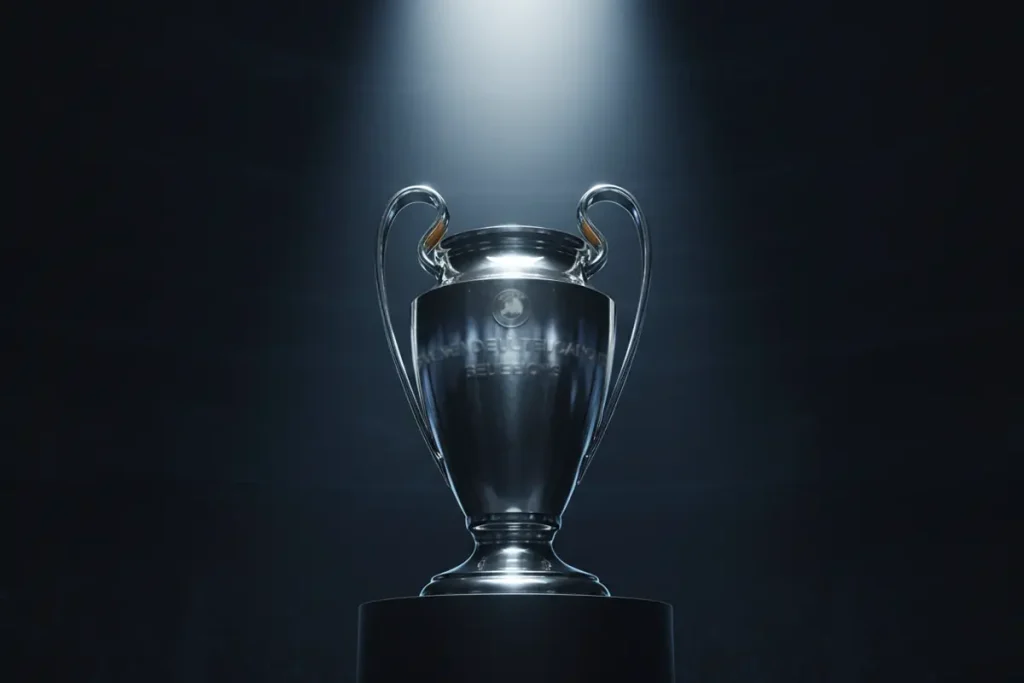 Champions League trophy displayed under dramatic stadium spotlight