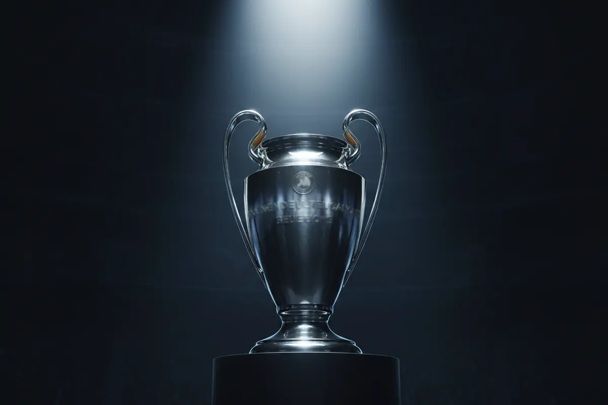 Champions League trophy displayed under dramatic stadium spotlight