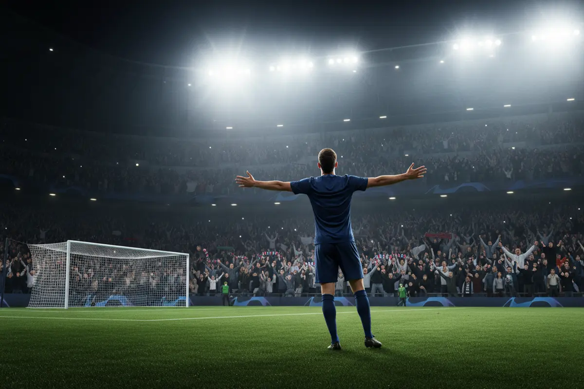 Football player celebrating a goal during a Champions League night match with fans in the background