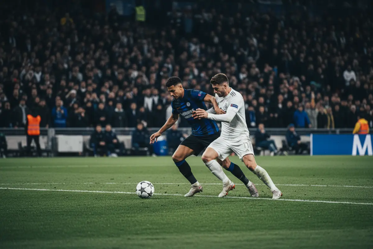 Intense Champions League knockout match with players competing for the ball under stadium floodlights