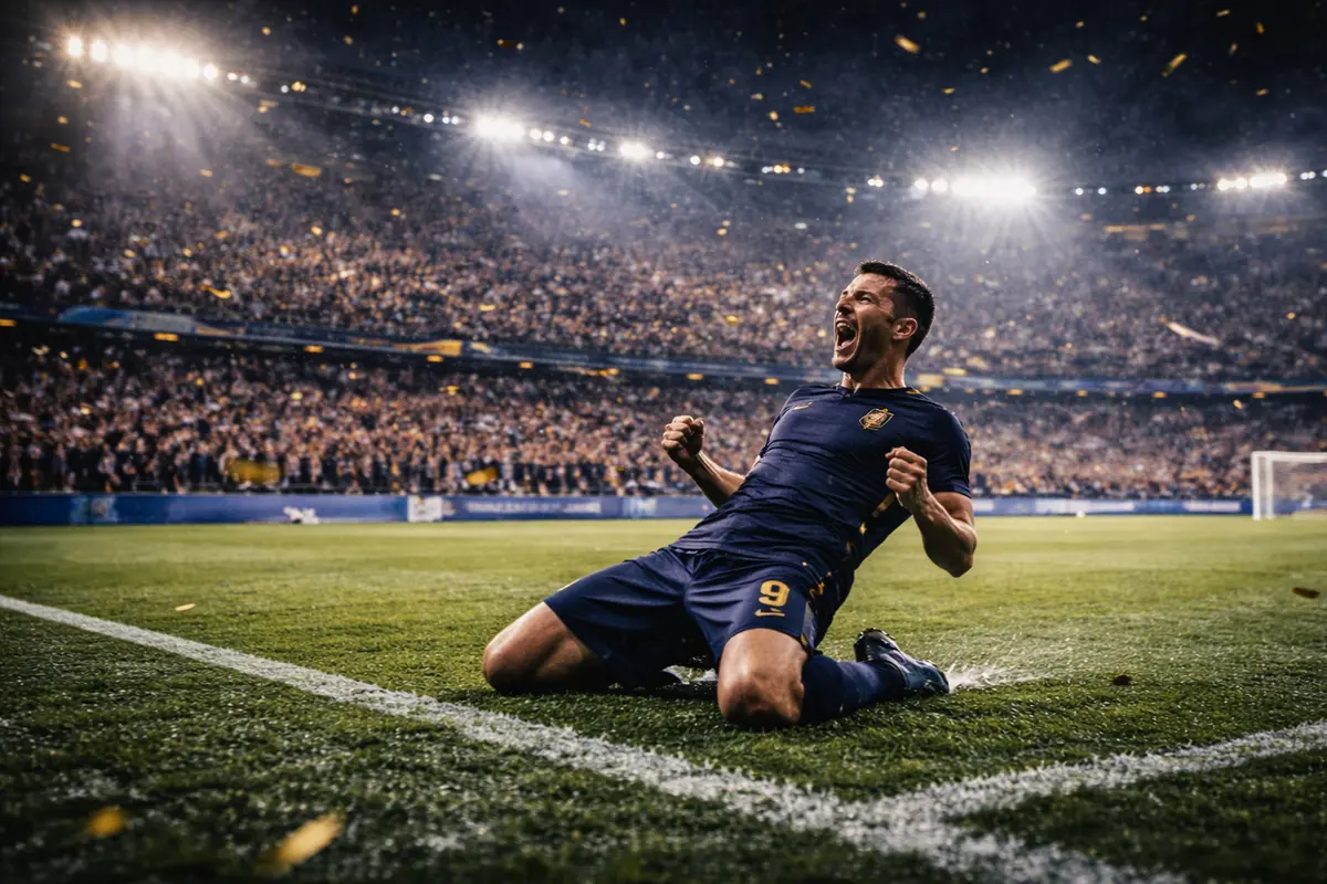 Football players celebrating a late goal in a packed Champions League stadium at night