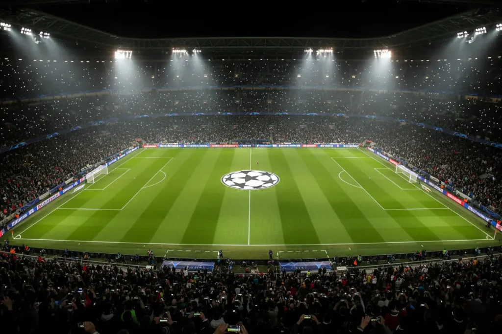Champions League night at a packed football stadium with floodlights illuminating the pitch