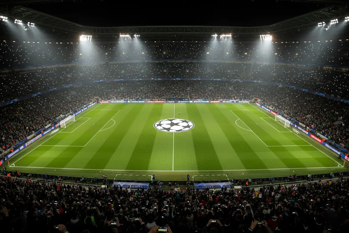 Champions League night at a packed football stadium with floodlights illuminating the pitch