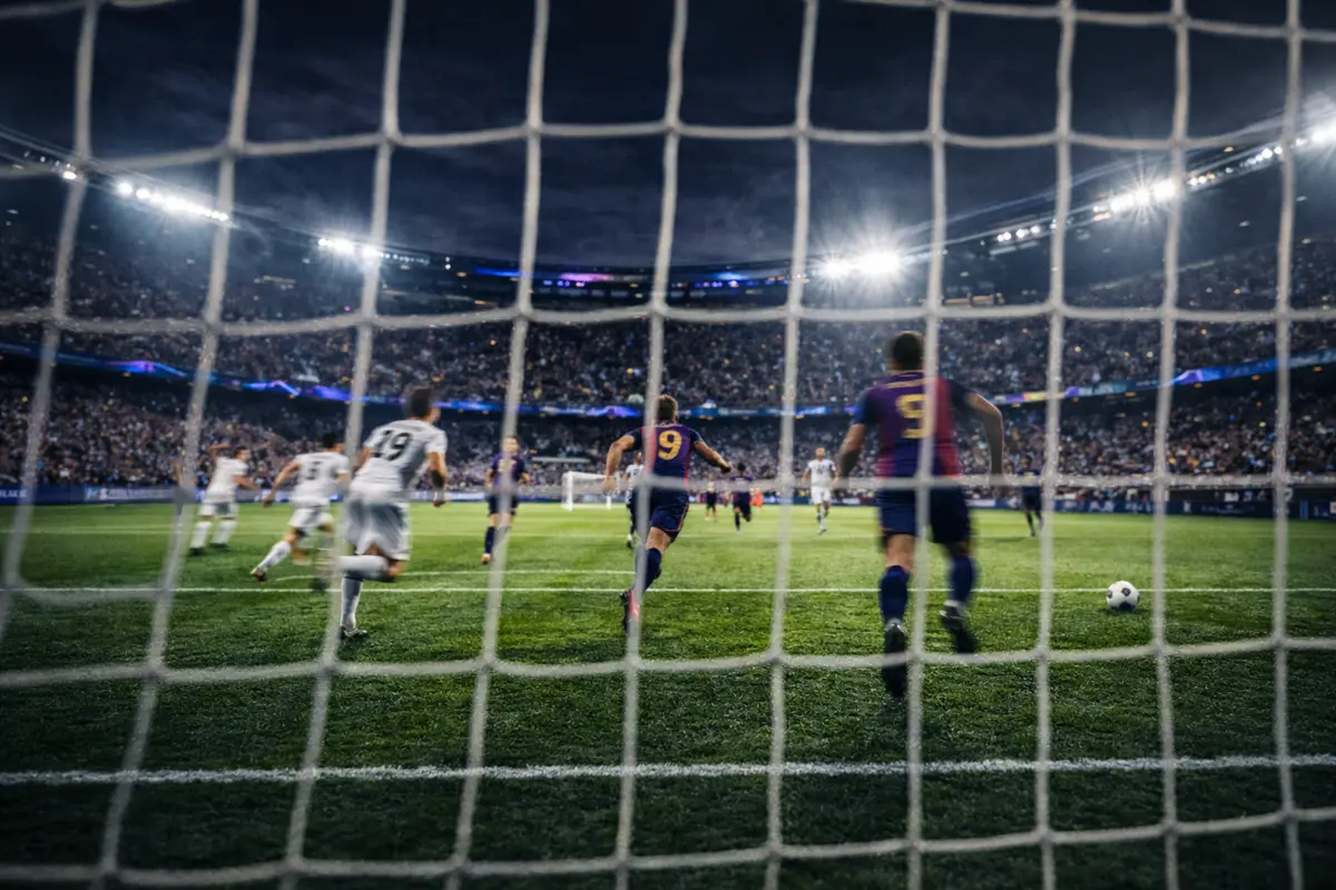 Night-time Champions League stadium atmosphere with floodlights during an intense second-half moment