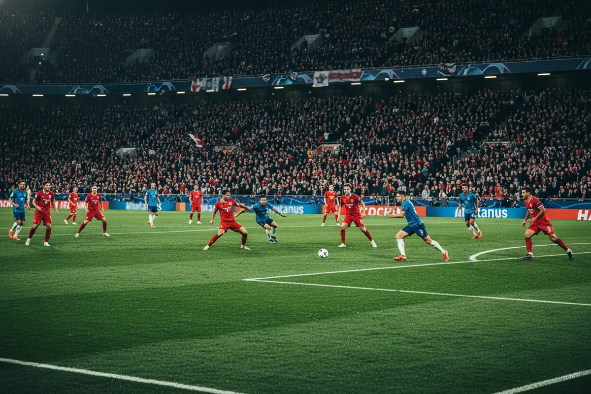 Two football teams in action during a Champions League match with both sides pushing forward