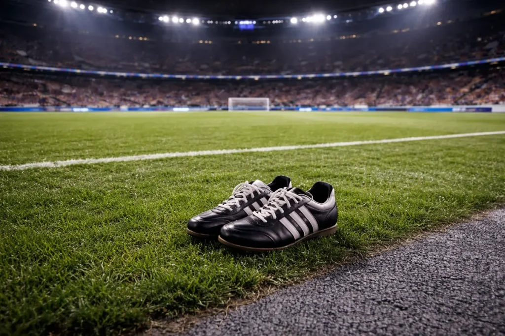Empty spot on a football pitch with a lone pair of boots under Champions League stadium lights