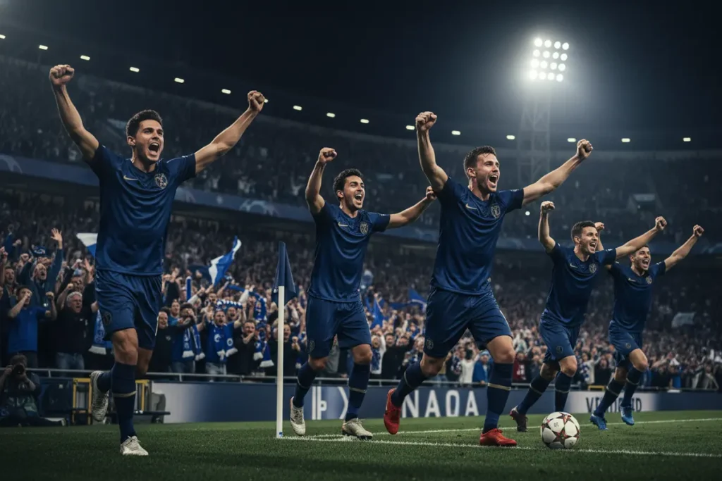 Underdog football team celebrating a surprise goal in a Champions League night match