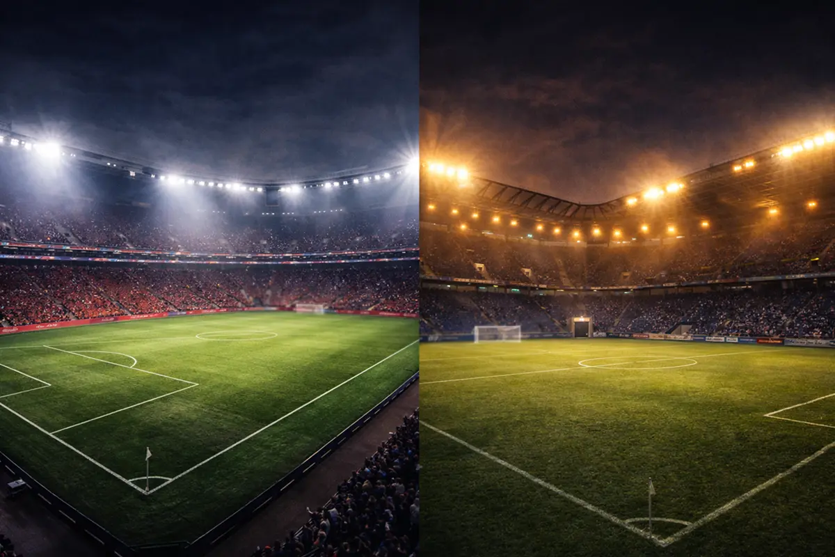 Two contrasting football stadiums under floodlights at night representing domestic and European competition