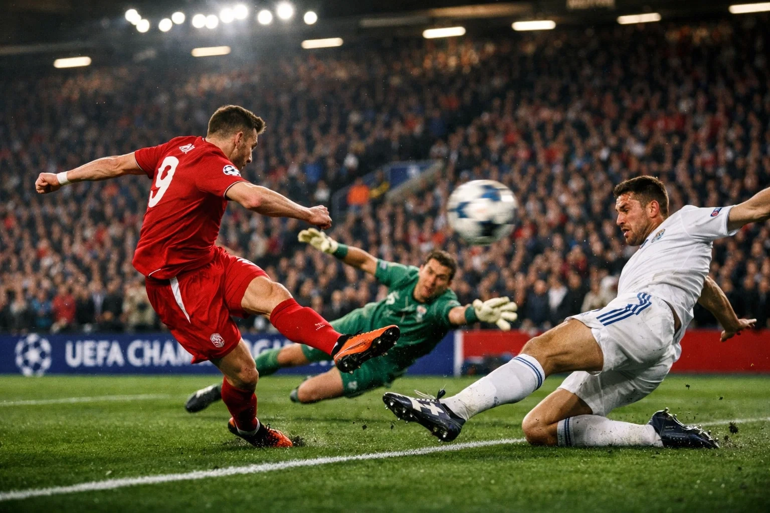 Attacking football action with players competing for the ball near the goal