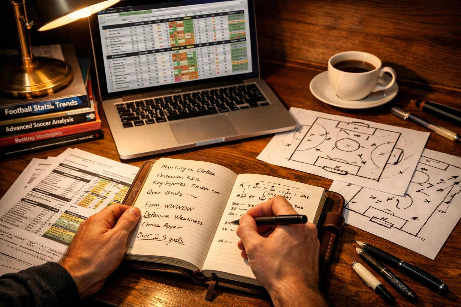 Person analyzing football betting statistics with notebook and laptop on desk