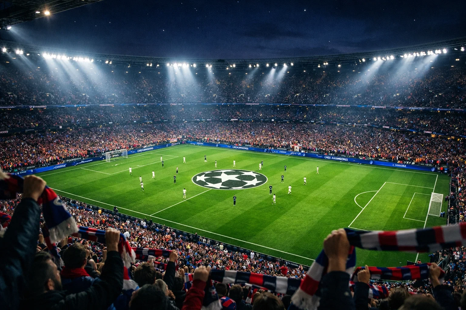 Champions League stadium at night with dramatic floodlights and crowd atmosphere