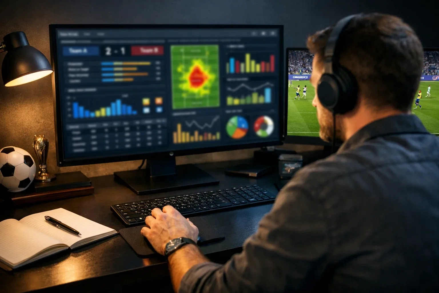 Football analyst reviewing match statistics and betting data on multiple screens