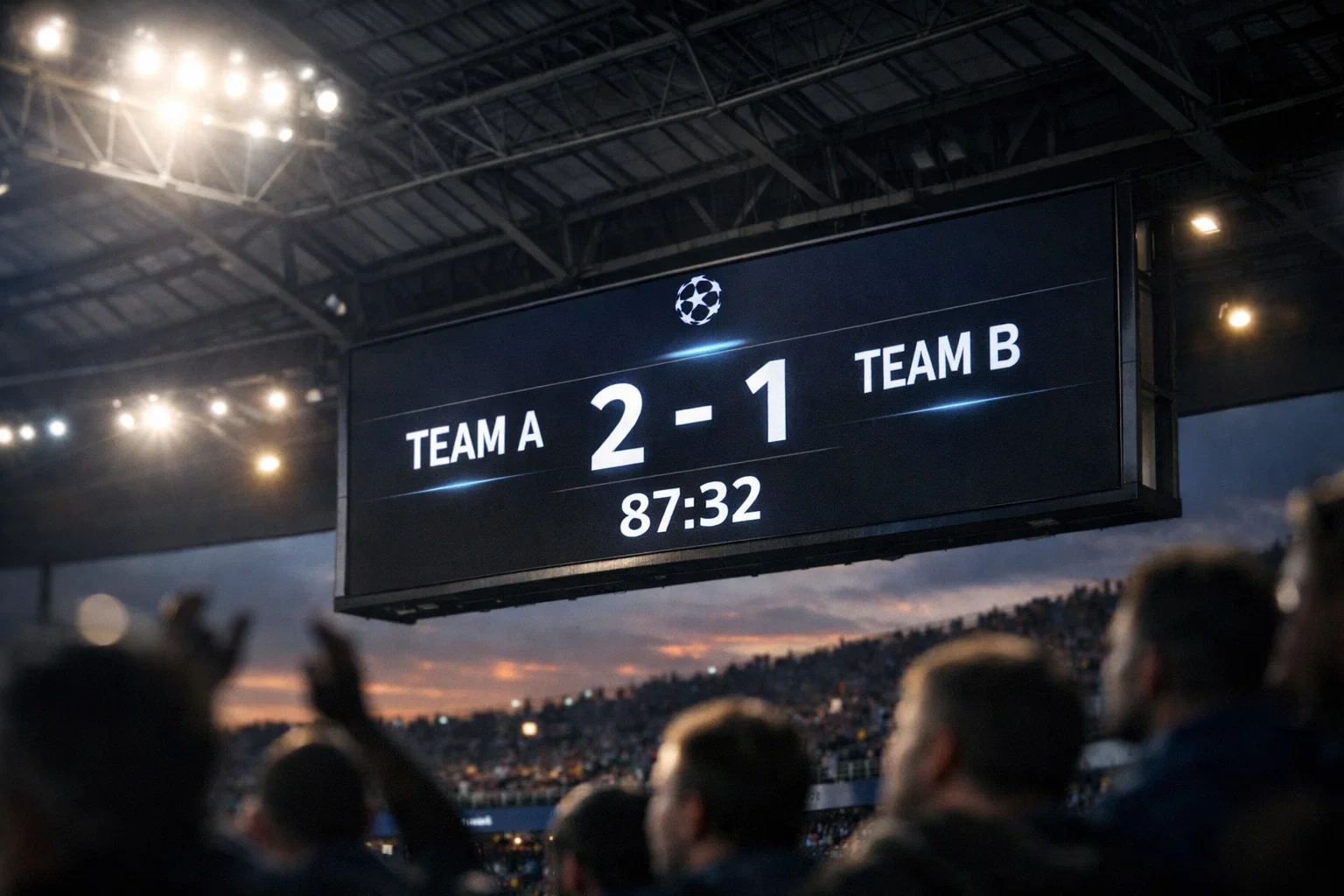 Football match scoreboard displaying live results in a stadium setting