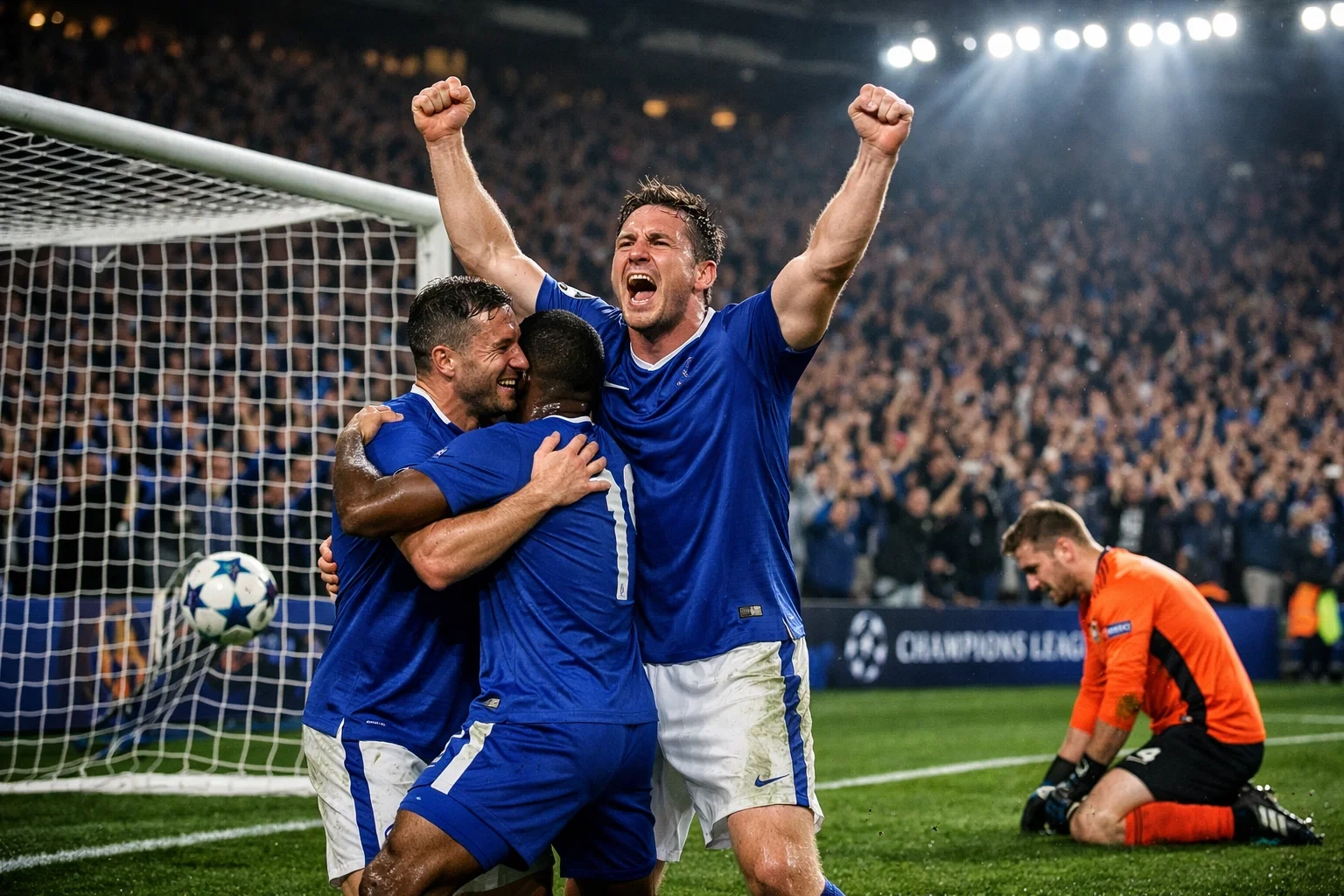 Football players celebrating a goal during a Champions League match