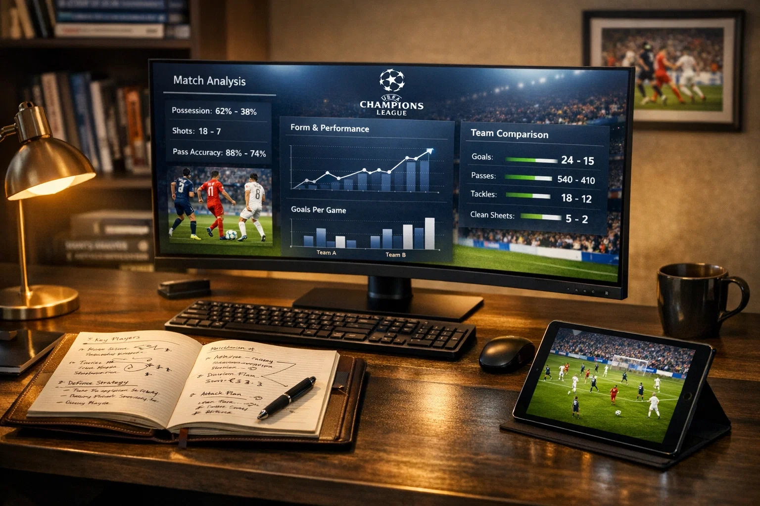 Professional workspace for strategic football analysis with match data and research materials