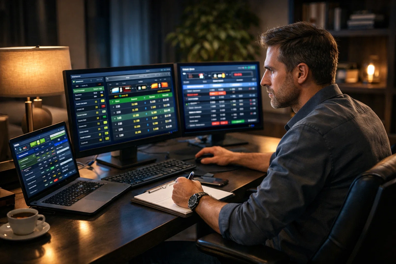 Professional bettor analyzing Champions League odds on multiple screens in modern home office