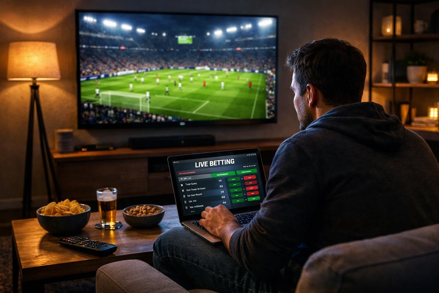 Person watching Champions League match on large screen while placing live bets on laptop