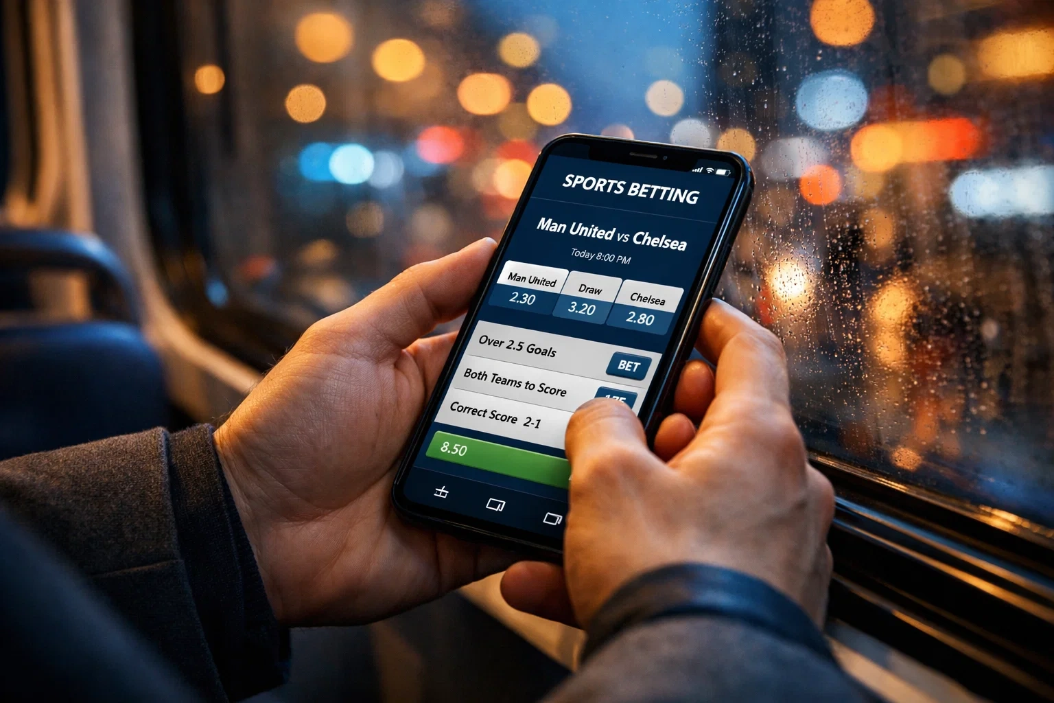 Person using smartphone for Champions League betting while commuting