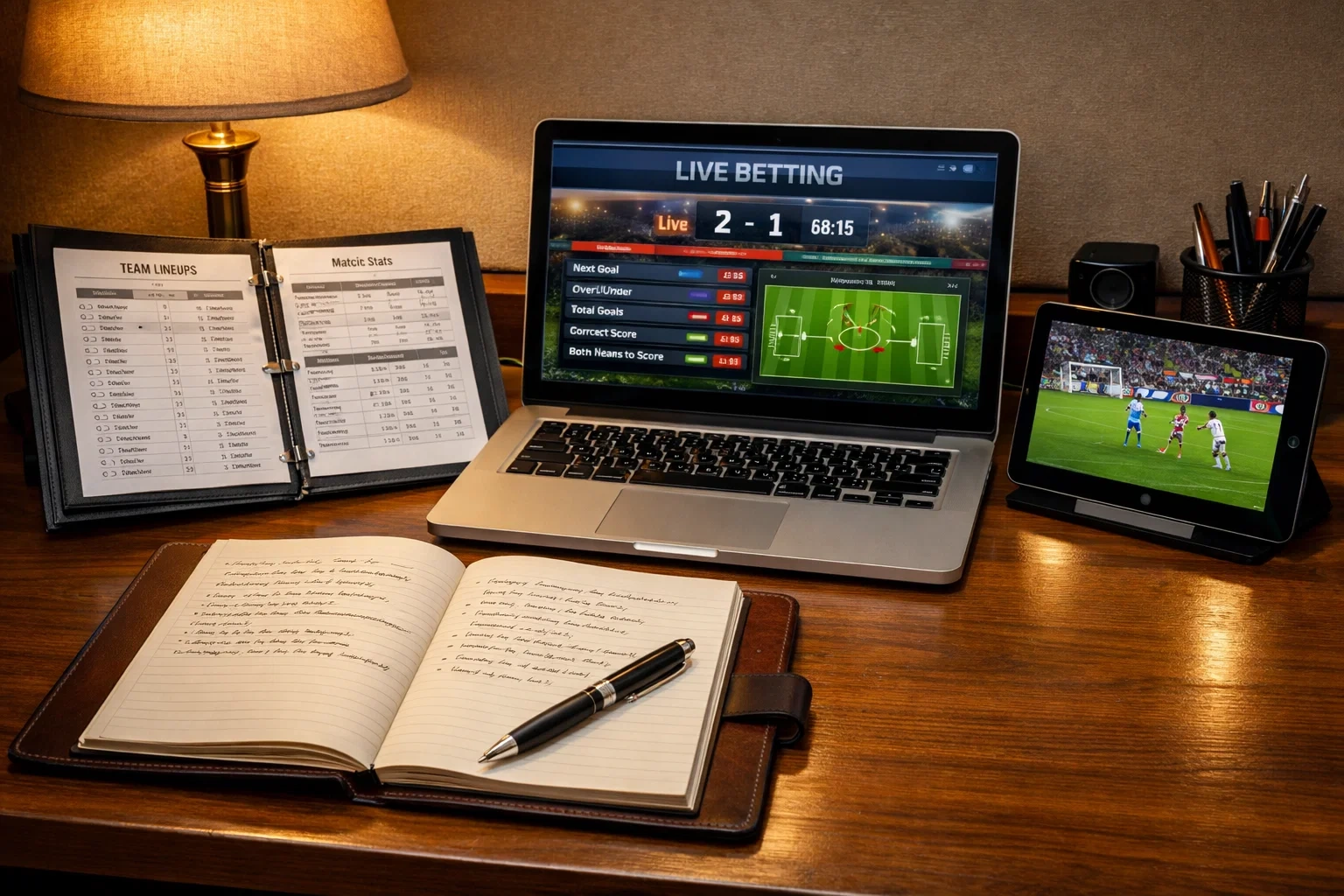 Sports bettor reviewing both pre-match analysis notes and live match data on organized desk