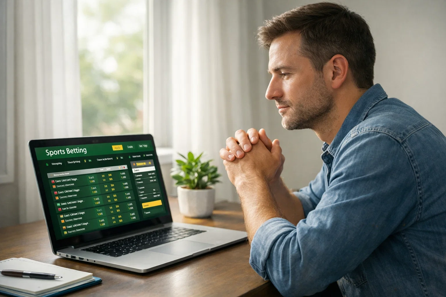 Thoughtful bettor taking a moment to analyze before making a careful live betting decision