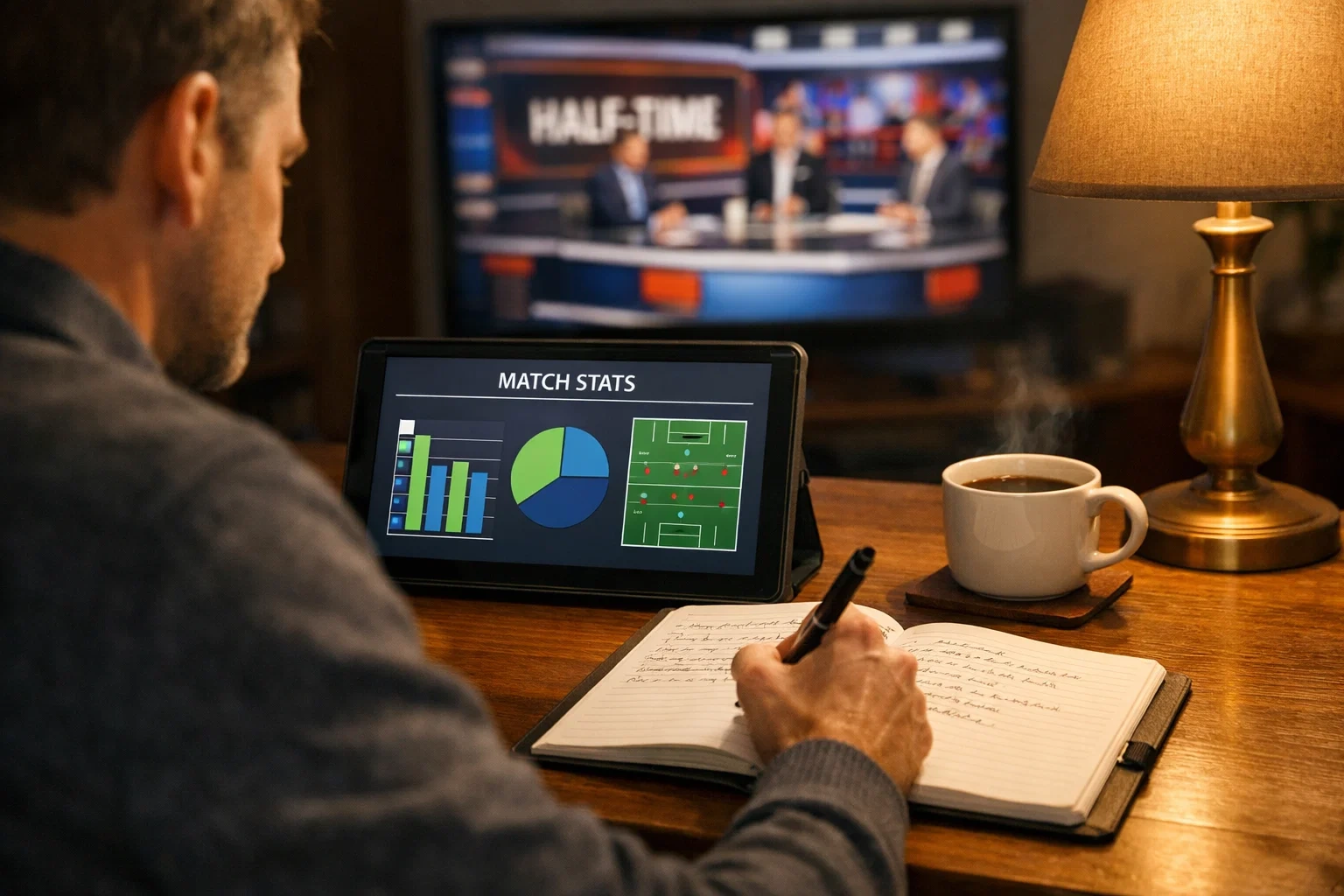 Sports analyst reviewing match statistics and taking notes during half-time break