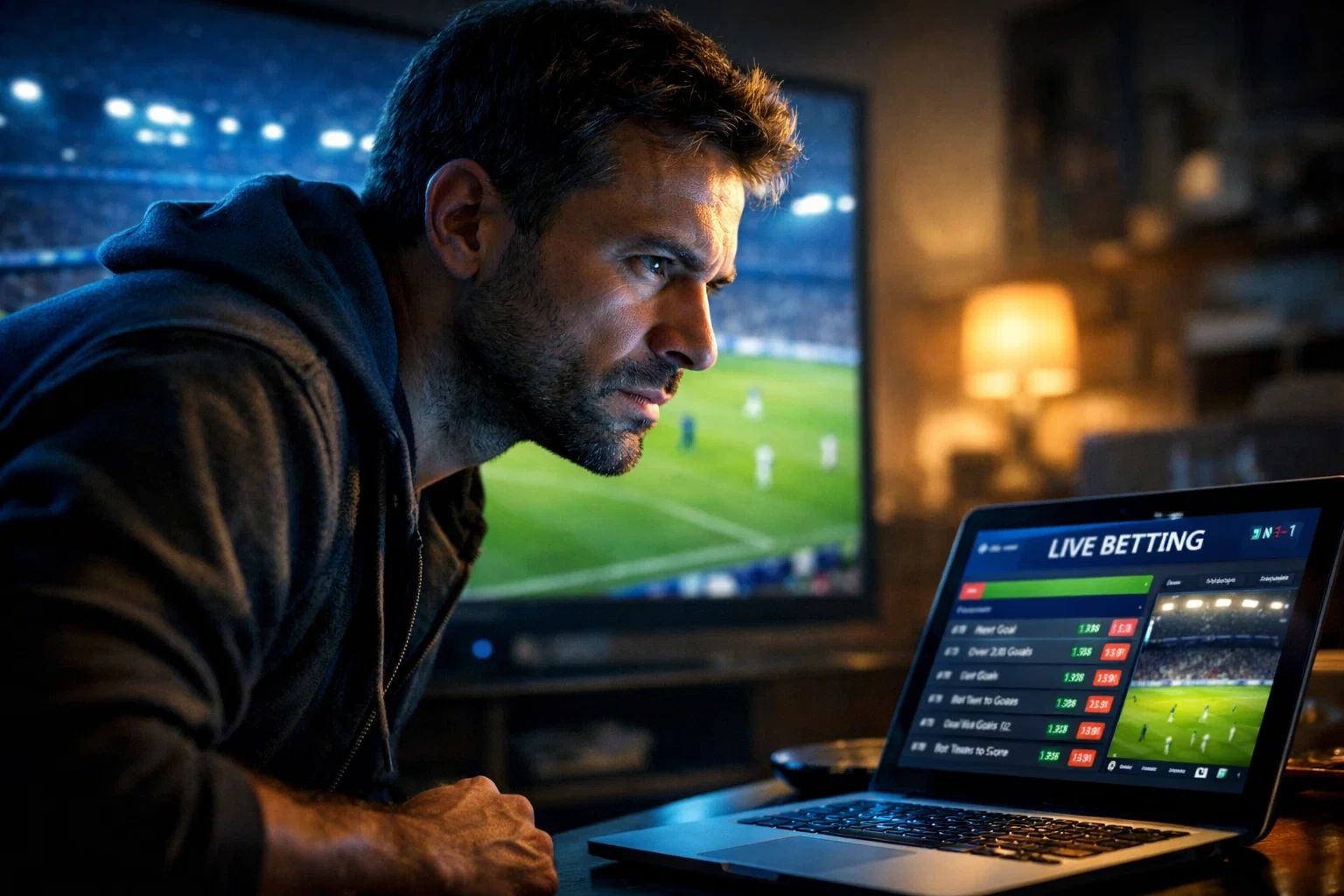 Focused sports bettor watching Champions League match intensely during live betting session