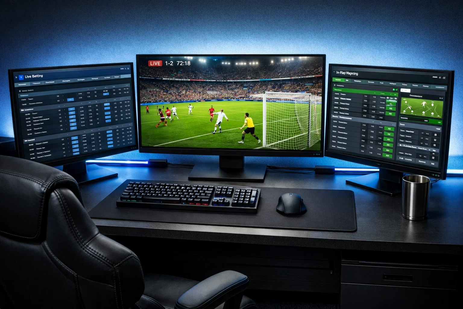 Professional live betting setup with multiple monitors showing match stream and betting platforms