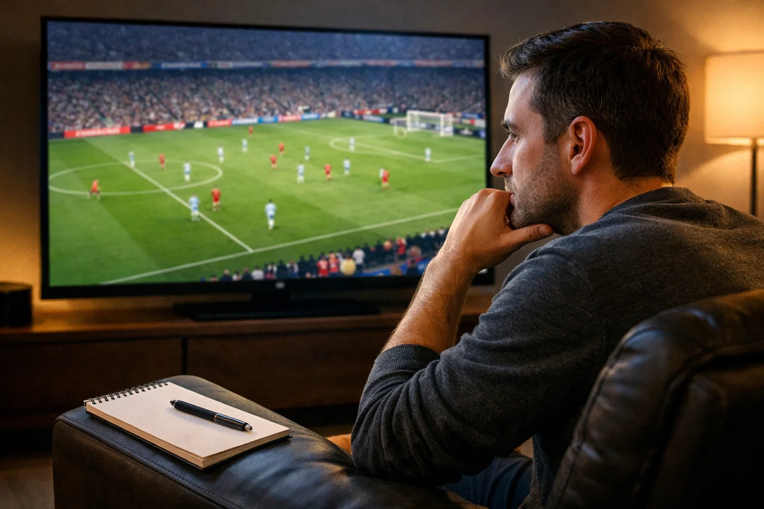 Person intently analyzing football match on screen studying player movements and tactics