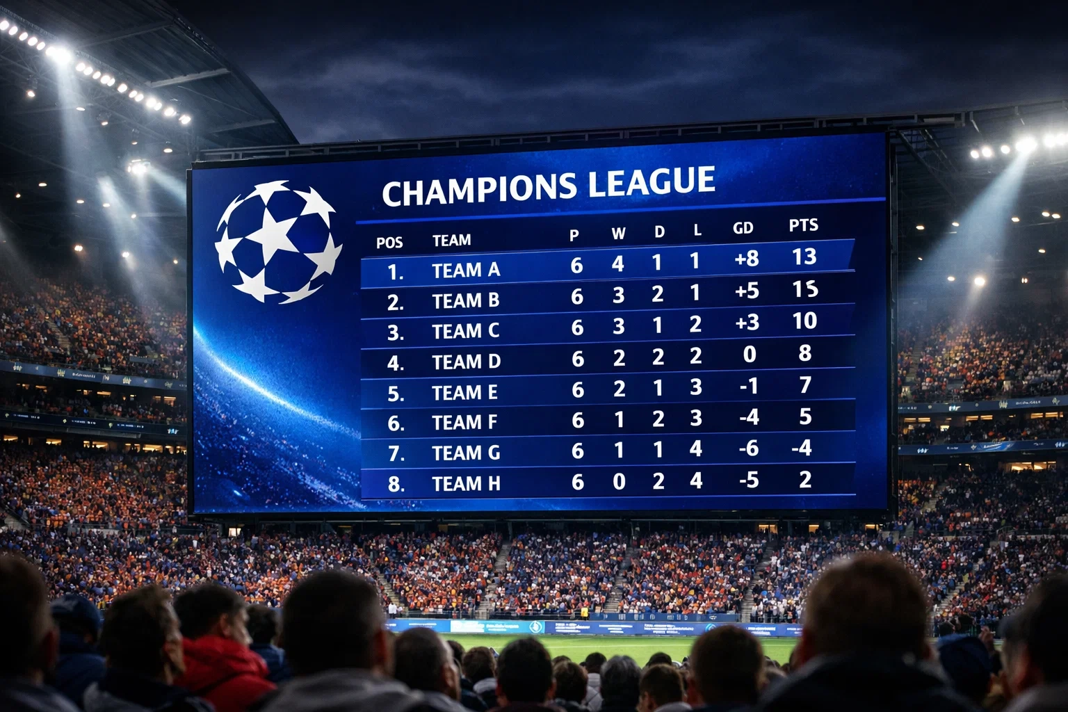 New Champions League format with single league table showing 36 teams
