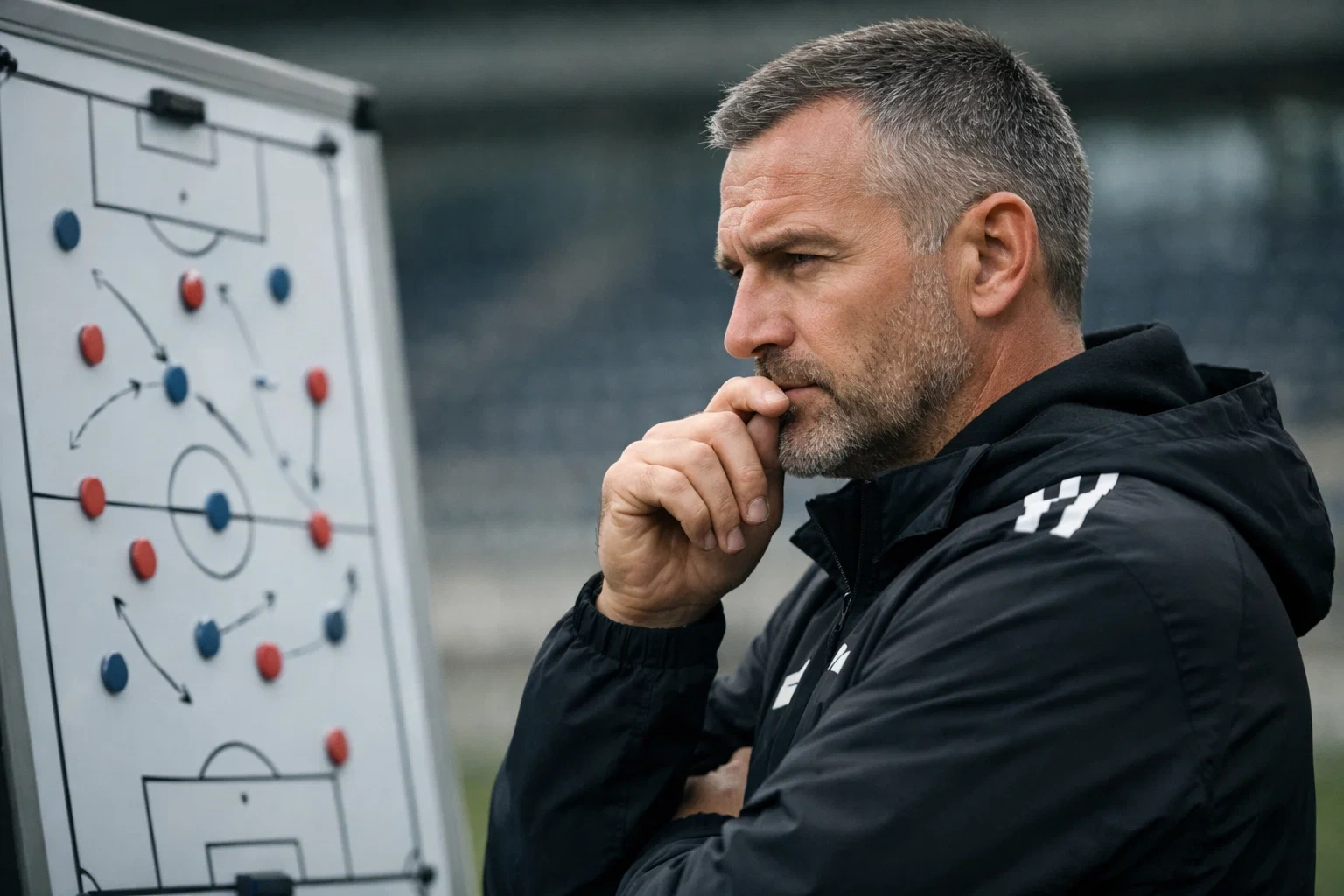 Football manager analyzing tactics and adapting strategy to new competition format