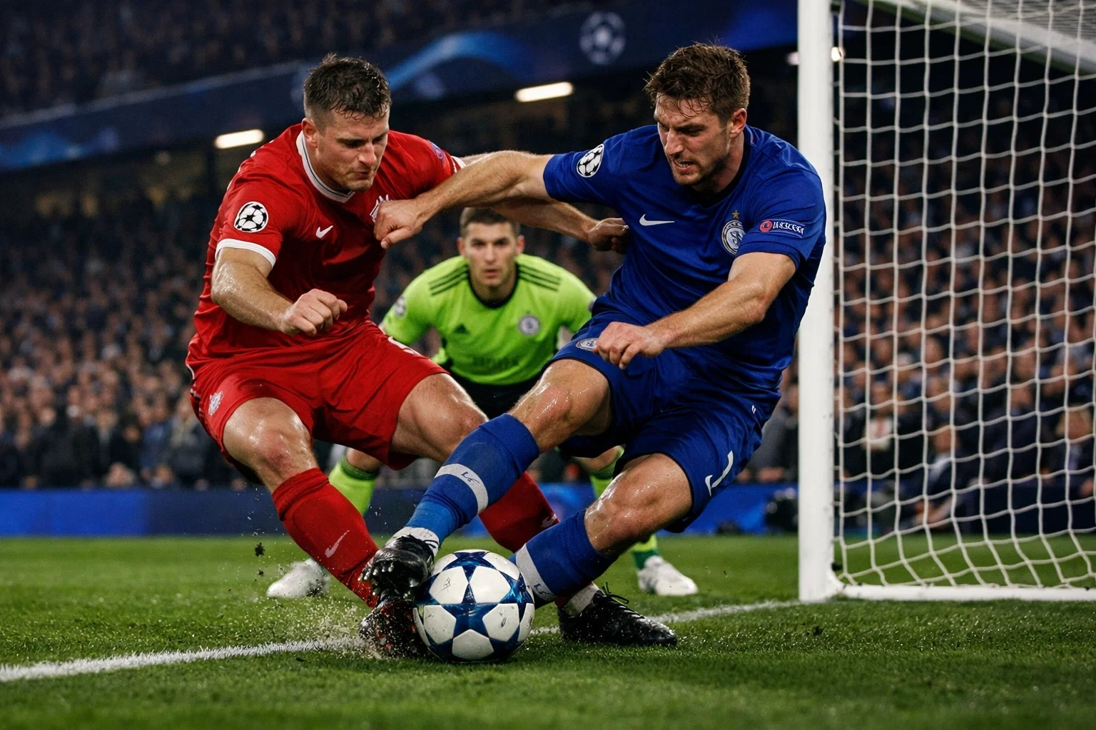 Intense knockout stage football action during Champions League playoff round