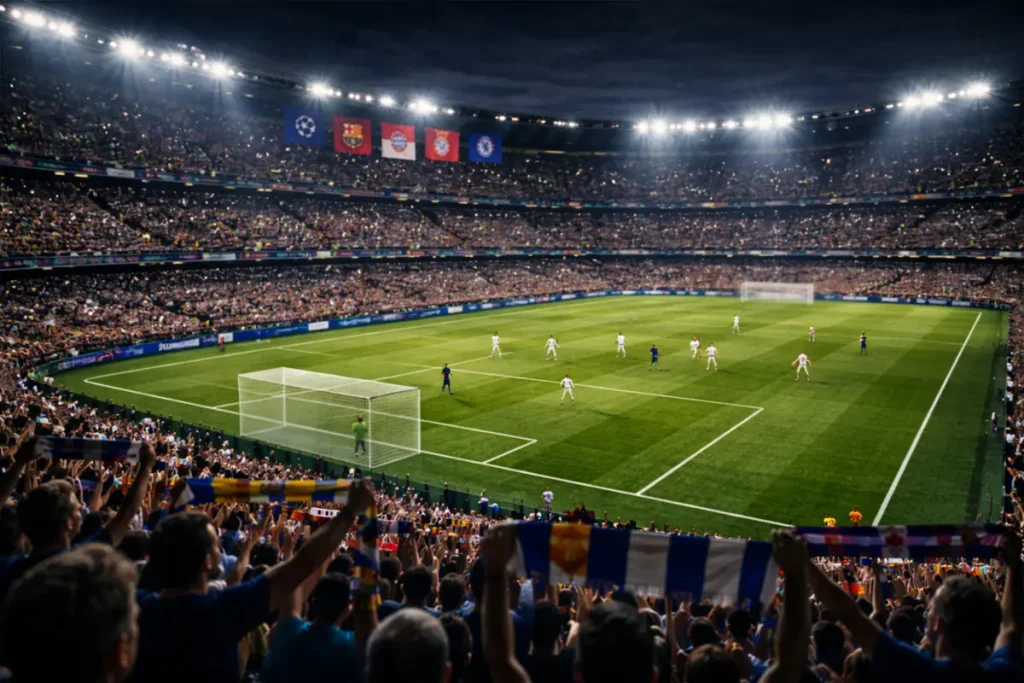 Packed football stadium with fans creating an intense atmosphere at night