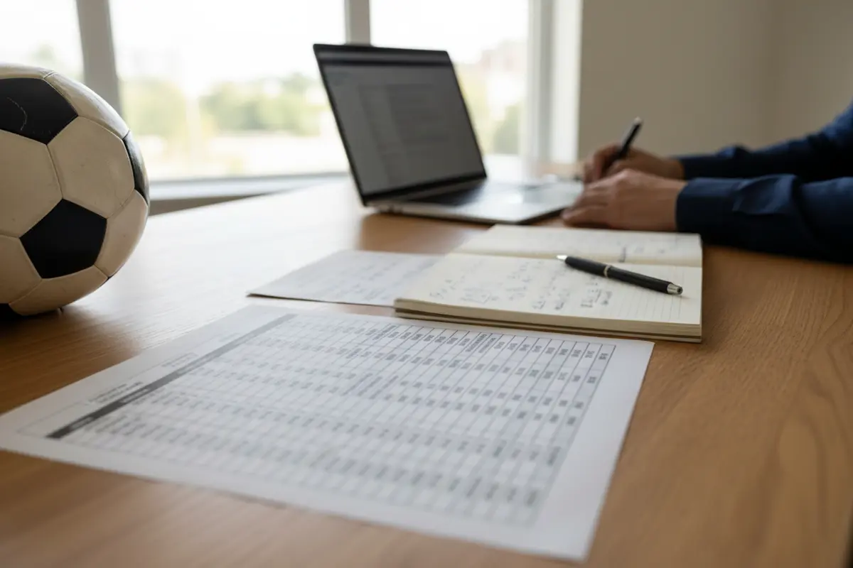 Person working with match statistics and probability notes at a desk